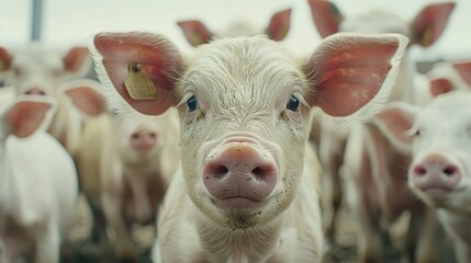 A captivating scene showcasing a young calf curiously staring at the viewer, surrounded by its herd in a nurturing environment.