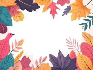 Colorful autumn leaves frame a white background with a small bird.