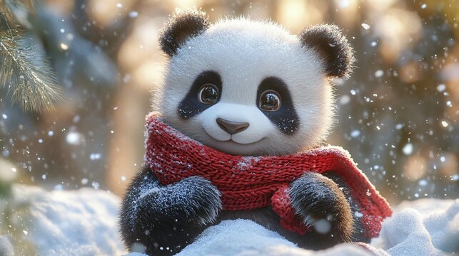 panda wearing a knitted scarf playing in the snow