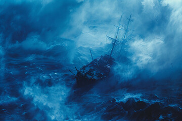 Fototapeta premium Underwater view of an old sunken ship on seabed with fish swimming