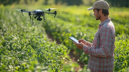 A farmer operates a drone while analyzing his crops in the sunlit field