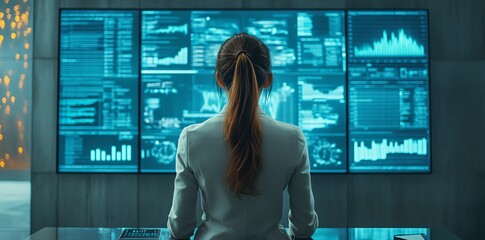 Businesswoman analyzing financial data displayed on a large screen in a dark office.