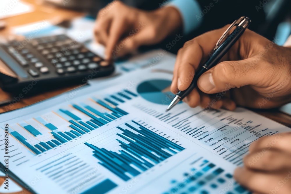 Poster close up of a businessman's hand analyzing a financial report with graphs and a calculator.