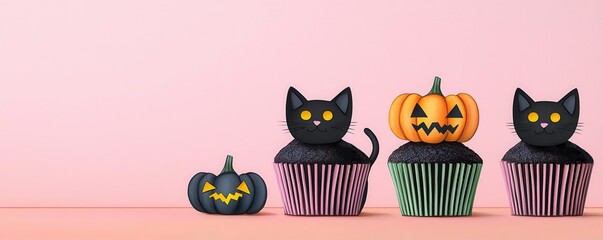 Fototapeta premium Spooky black cat cupcakes with vibrant Halloween colors, eerie atmosphere, Watercolor style