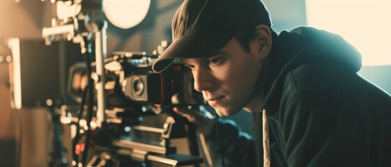 A film director intensely monitors a scene on set, illustrating the behind-the-scenes effort and dedication in moviemaking.
