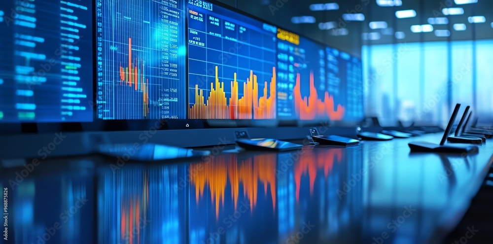 Poster close up of financial data displayed on monitors in a trading room.