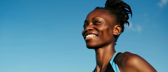 A smiling woman with short, braided hair stands outside, basking in the bright sun under a clear blue sky, exuding happiness and confidence.