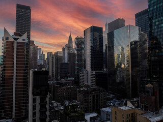 midtown new york manhattan skyscrapers building aerial view at sunset