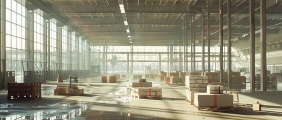 Morning light flooding into a vast, empty warehouse, accentuating the scattered crates and industrial feel of the open, expansive space.