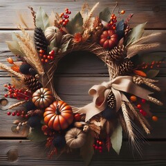 Naklejka premium A charming wreath featuring vibrant autumn leaves and flowers, displayed on a wooden surface, embodying the spirit of fall. 