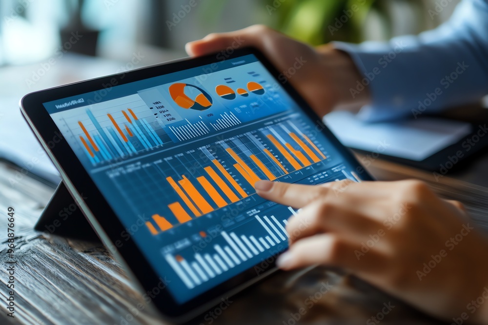 Poster close-up of a hand using a tablet to analyze graphs and charts.