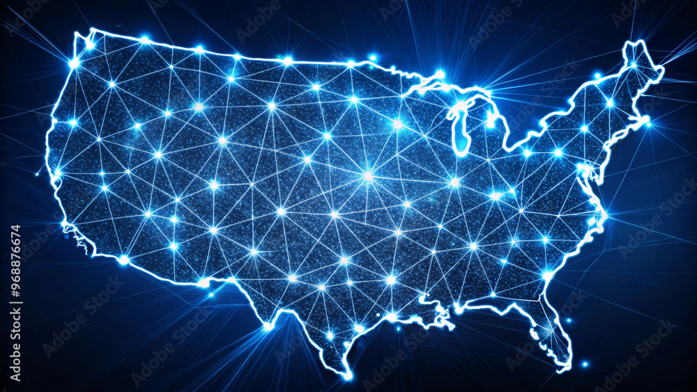 Poster the u.s. map illuminated with bright, neon-blue lights, showing interconnected network points that s