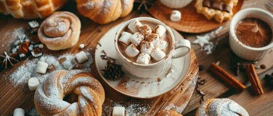 Fototapeta premium Cozy winter scene with a cup of hot chocolate, surrounded by pastries and marshmallows, evoking warmth, comfort, and holiday spirit.