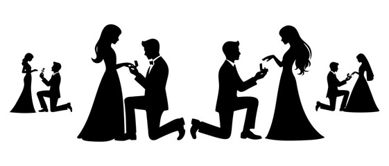 Romantic proposal of a man proposing to a woman. Set of wedding silhouettes black filled vector Illustration icon