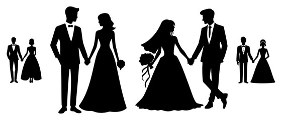 Bride and bridegroom holding hands. Set of wedding silhouettes black filled vector Illustration icon