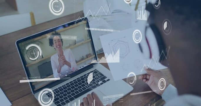 Animation of data processing over schoolboy learning online with female teacher on laptop screen