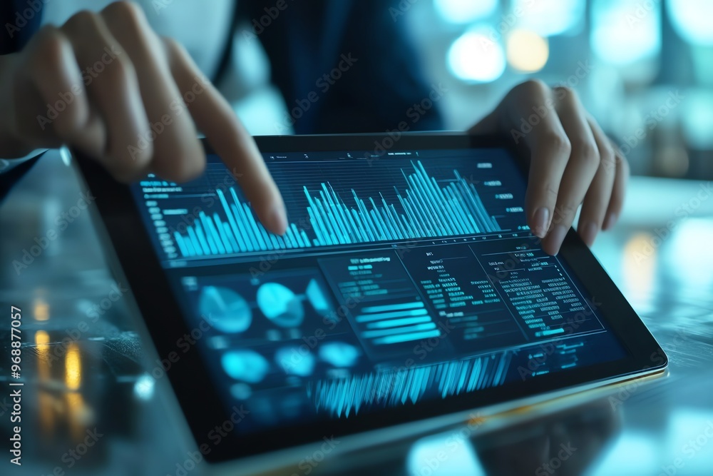 Poster close-up of a hand scrolling through data charts on a tablet.