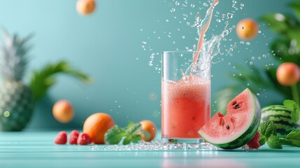 Splash of watermelon juice from a jug, tropical fruit arrangement, vivid summer background, energetic vibe.