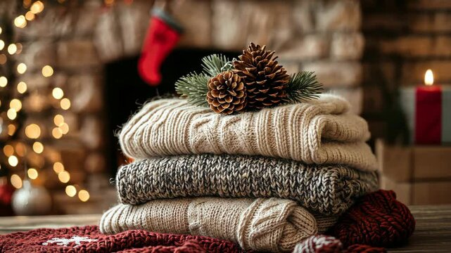 Cozy winter evening with stacked knitted sweaters by the fireplace and festive decorations in a warm living room