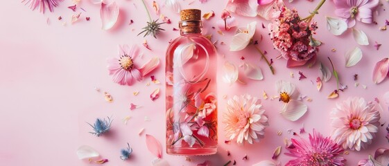 An enchanting arrangement with a glass perfume bottle adorned with flowers, set on a pink background, radiating elegance and a floral essence.
