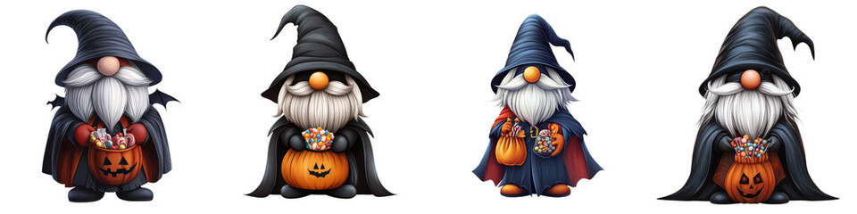 Four whimsical gnomes dressed in Halloween costumes, each with unique accessories, perfect for festive designs and decorations.