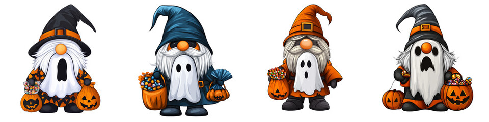 Four whimsical gnomes in Halloween attire, featuring pumpkins, ghosts, and vibrant colors for festive decoration.