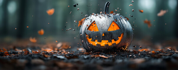 Fototapeta premium Silver Glitter Jack-o-Lantern Pumpkin at Night, Bright Vivid Orange Neon Glow Inside. Enchanted Forest, Mysterious, Festive. Creepy, Spooky, Funny Halloween Decoration. Sparkles, Smiling Carved Face