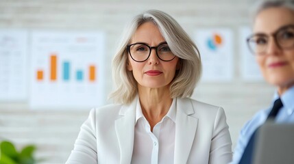 Fototapeta premium Senior woman discussing corporate strategy with a financial analyst, expert and composed