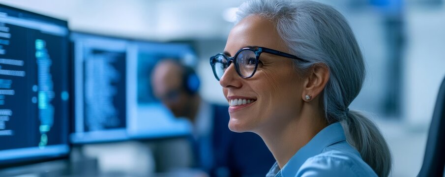 Senior woman discussing cybersecurity with IT experts, proactive and informed