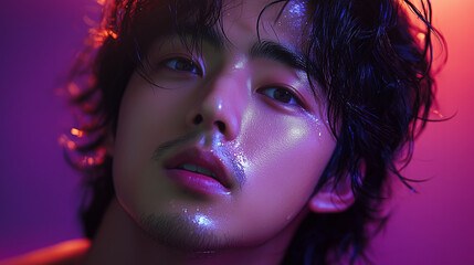 Obraz premium Korean men with glistening skin expressing emotions under colorful neon lights during a night photoshoot