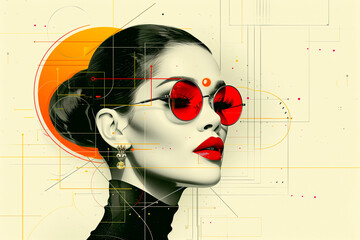 A woman with red sunglasses and a red lip is the main focus of the image. The woman is wearing a black dress and has her hair pulled back