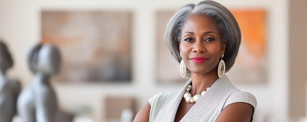 Senior woman in an elegant office with art and sculptures, blending business with culture