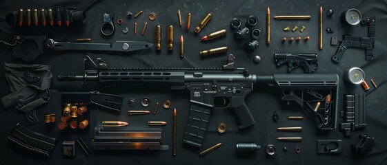 A flat-lay display of disassembled firearm components spread out meticulously on a dark surface, highlighting precision and engineering details.