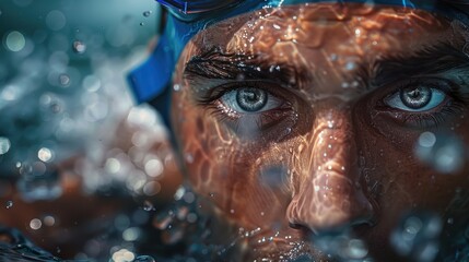 A close-up shot of an Olympic swimmer with focused eyes, wearing blue goggles and a swim cap, captured from behind with dynamic water splashes around him against a white background.