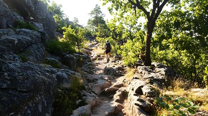 41. A scenic hiking trail with a person climbing a rocky path surrounded by nature