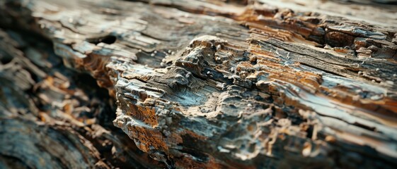 Fototapeta premium An up-close image of a textured and worn-out tree bark, showing the intricate details and ruggedness of the wood surface.