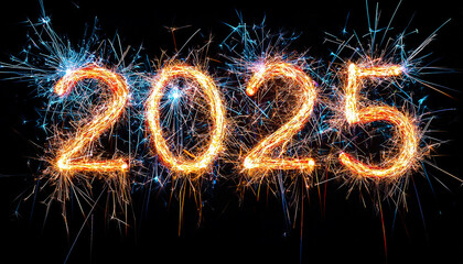 Sparklers draw text "2025" on black background 
