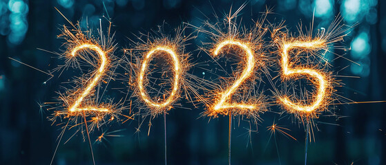 Sparklers draw text "2025" on black background 