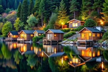 Obraz premium Cozy cabins, compact cottages, and rustic roadsters nestled among trees, hills, and waterfronts, showcasing minimalist design and sustainable living.