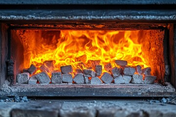 Obraz premium Fire Burning in a Metal Oven with Wood Logs