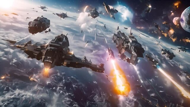 A futuristic space battle scene with multiple spaceships firing lasers.