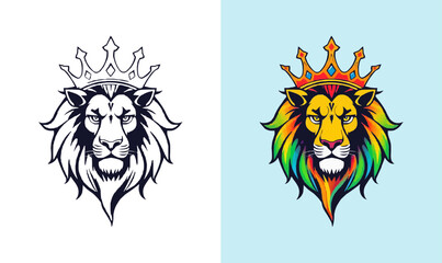powerful abstract lion mascot logo. Lion with crown logo. Colorful rainbow lion logo for LGBTQ
