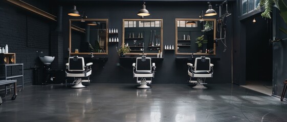 A modern, sleek barbershop interior featuring three barbers' chairs with mirrors and shelves filled with grooming products, creating an industrial-chic vibe.