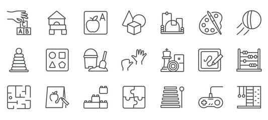 Educational Games Icons Set. Linear Icons Representing Interactive Learning Tools for Kids, Including Alphabet Blocks, Abacus, Puzzles, Painting, Building Toys, Sand Play, and Logical Thinking Games.