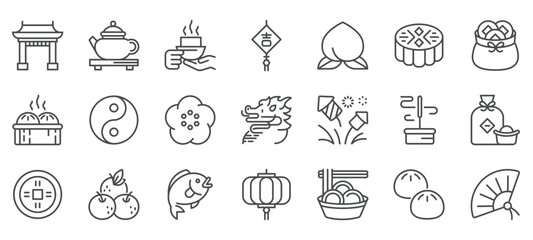Asian Culture and Traditions Icon Set. Symbols of Festivals, Food, Lanterns, Dragons, Yin-Yang, and Traditional Celebrations. Includes Teapot, Dumplings, Mooncake, Lucky Coins, and Firecrackers.