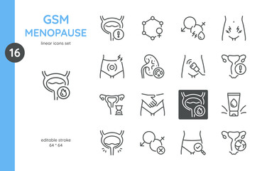 GSM Menopause Icons Set. Linear icons illustrating GSM symptoms and treatments. Includes icons of urinary, vaginal health, hormonal changes, pain, and related medical conditions.