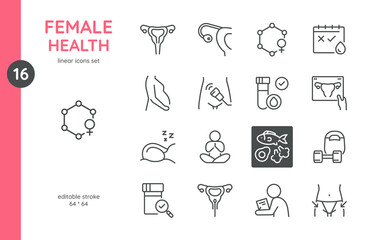 Female Health Icons Set. Linear Symbols of female health, reproductive system, pregnancy, fitness, hormonal balance, nutrition. Icons of uterus, hormones, ultrasound, periods, menstrual cycle.