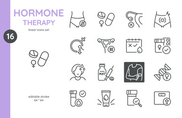 Hormone Therapy and Menopause Treatment Icons Set. Linear Icons of hormone replacement therapy, menopause symptoms, pills, injections, hormone patch, menstrual health, and related treatments.
