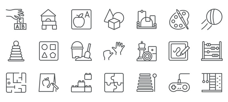 Educational Games Icons Set. Linear Icons Representing Interactive Learning Tools for Kids, Including Alphabet Blocks, Abacus, Puzzles, Painting, Building Toys, Sand Play, and Logical Thinking Games.