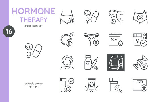Hormone Therapy and Menopause Treatment Icons Set. Linear Icons of hormone replacement therapy, menopause symptoms, pills, injections, hormone patch, menstrual health, and related treatments.
